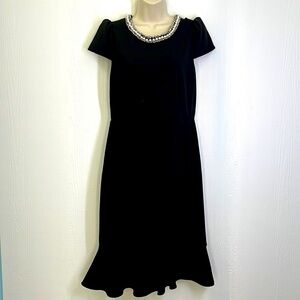 Betsey Johnson - Black Cap Sleeve With Tweed And Pearls Neckline Midi Dress SZ 8